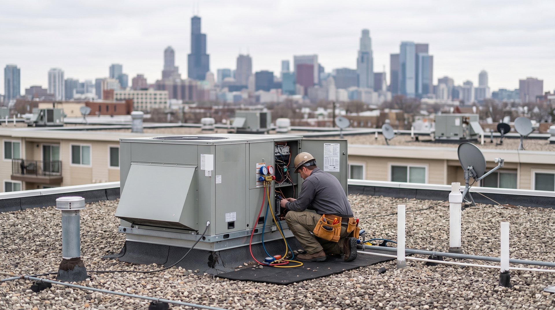 HVAC technician inspecting rooftop unit