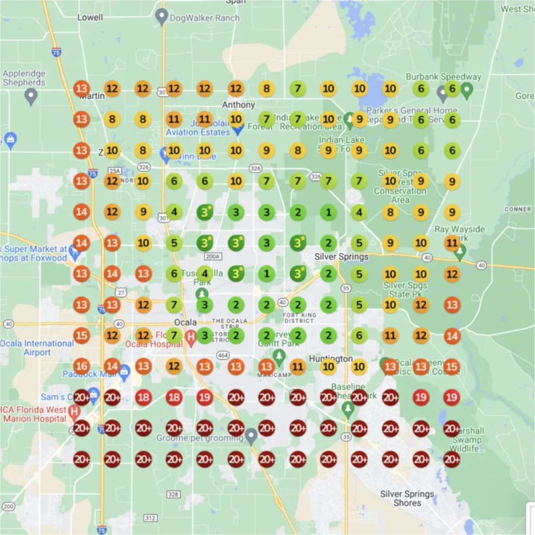 Google Maps ranking heatmap for local service after optimization, showing improved visibility