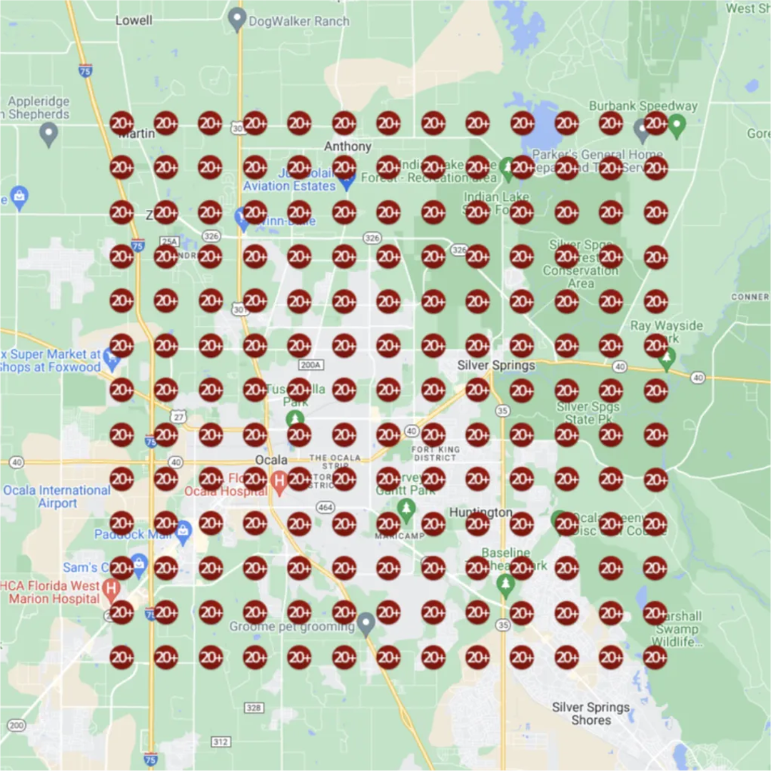 Google Maps ranking heatmap for local service before optimization, showing low visibility