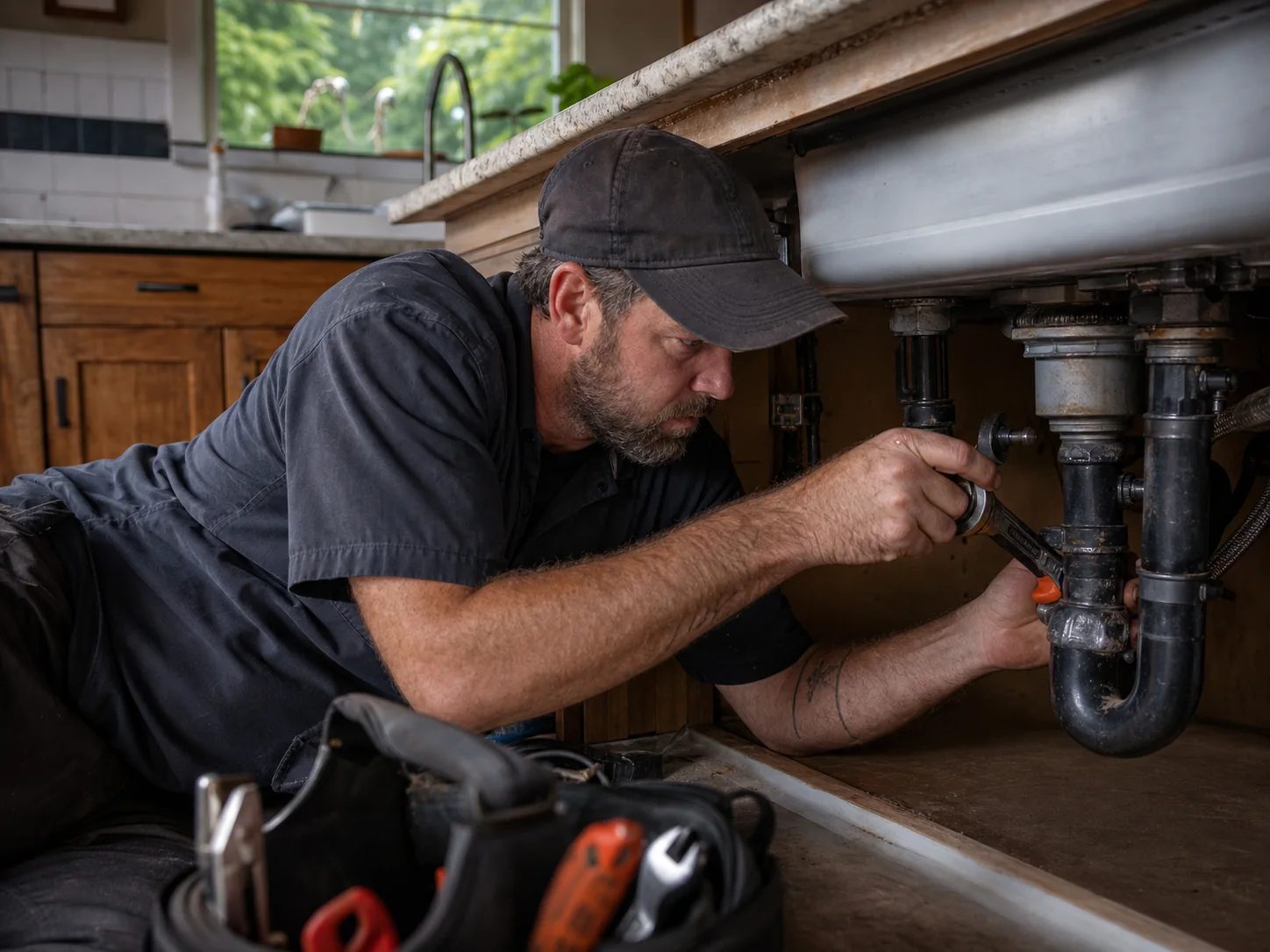 Plumber repairing pipes beneath a kitchen sink