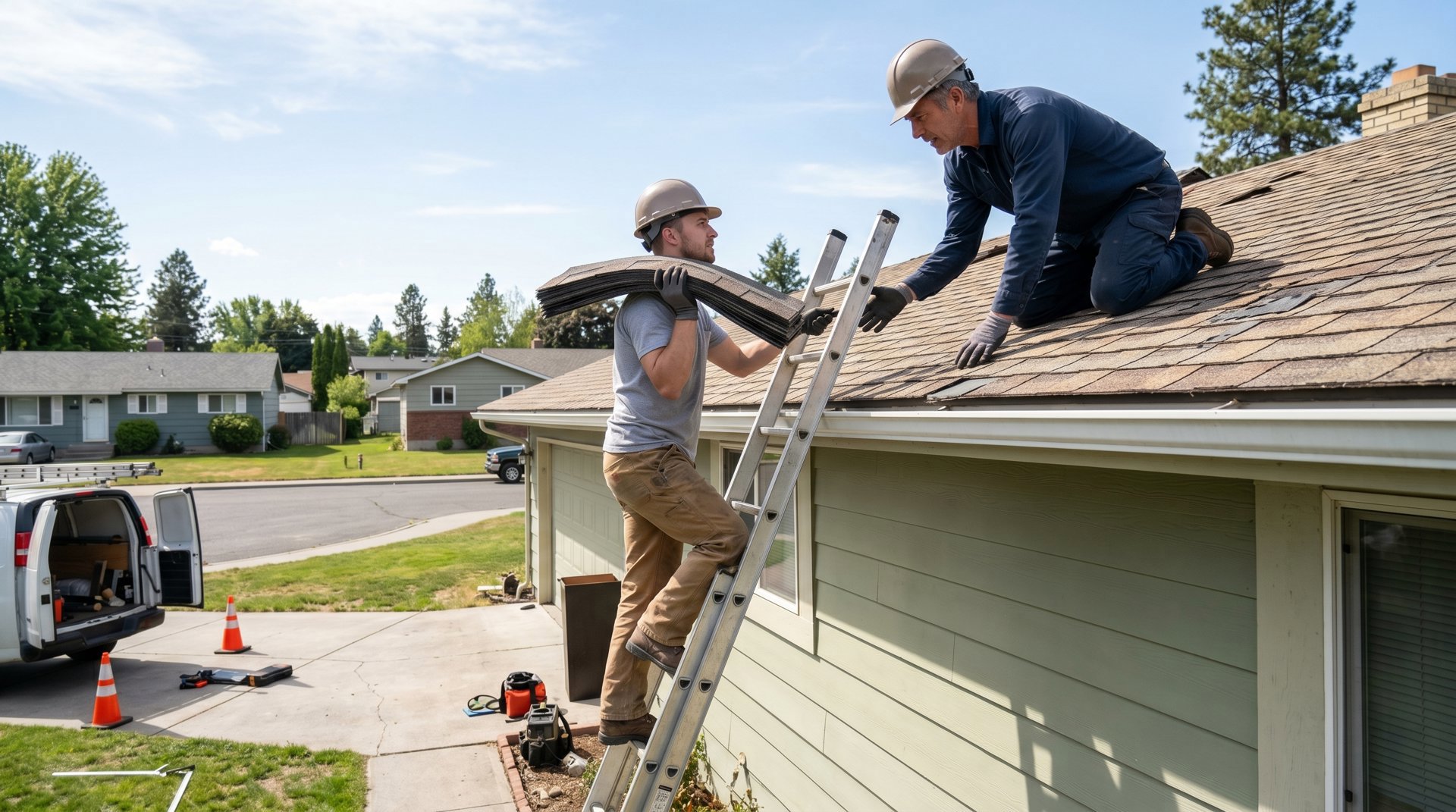 Roofer performing repair work on a residential roof