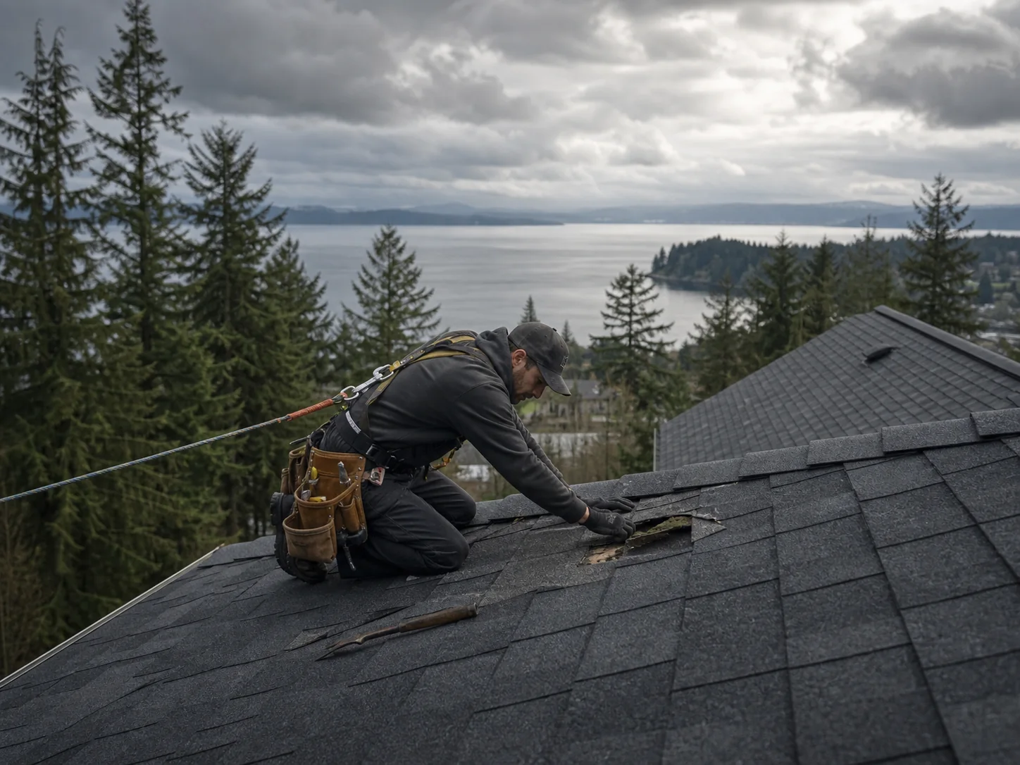 Roofer making a residential roof repair