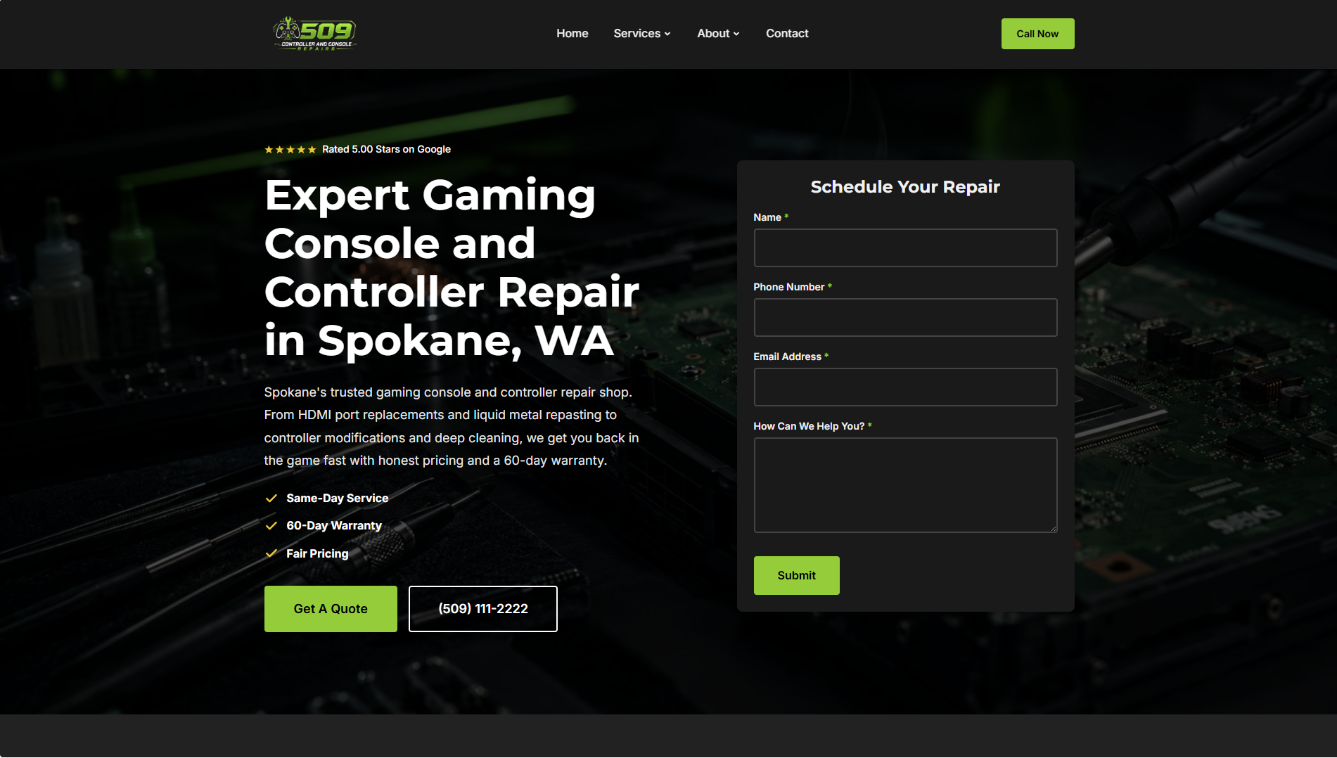 Screenshot of the 509 Controller and Console Repair website homepage