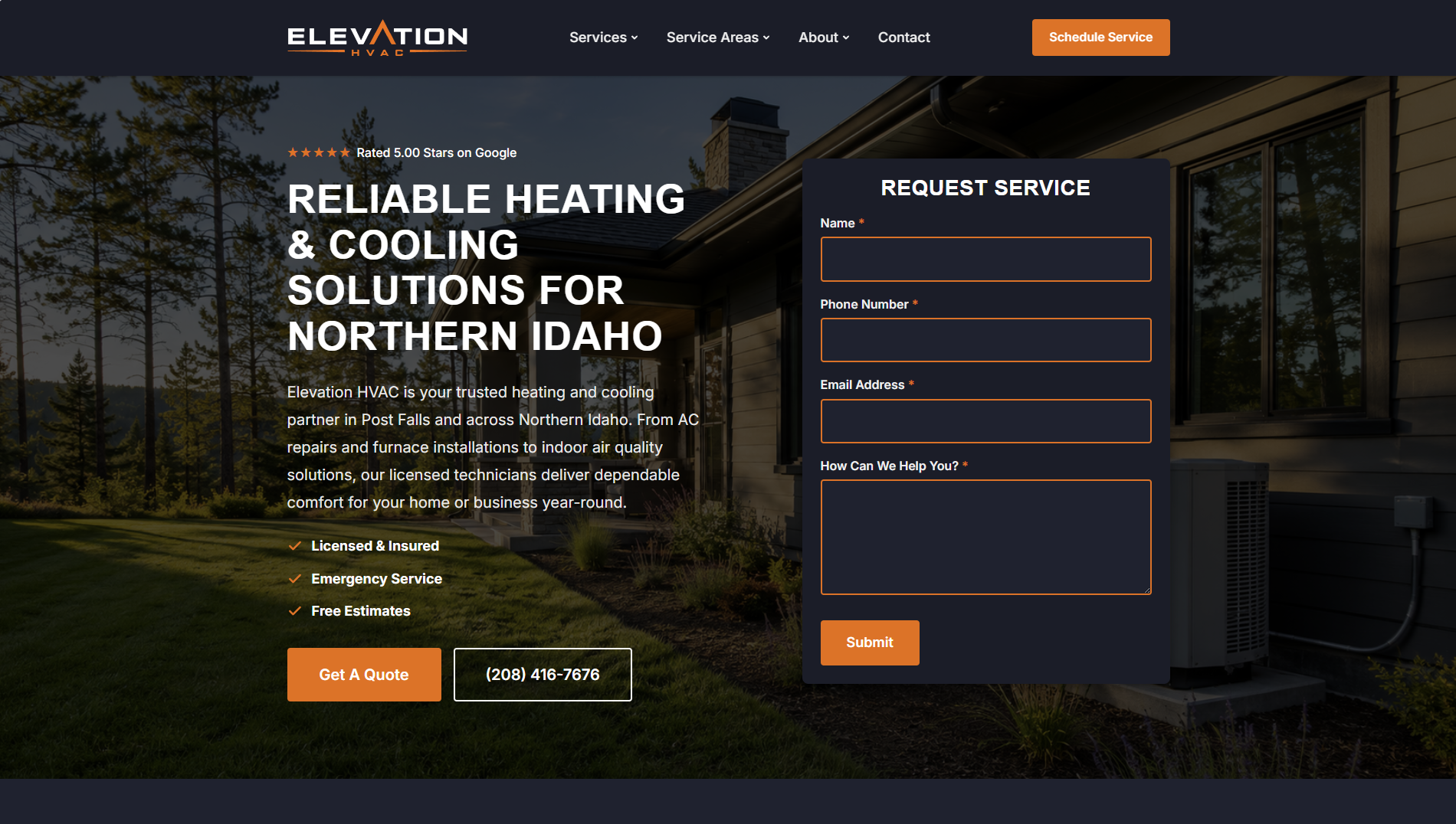 Screenshot of the Elevation HVAC website homepage