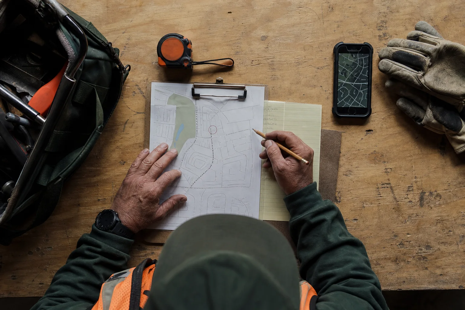 Contractor reviewing a local service map at a workbench