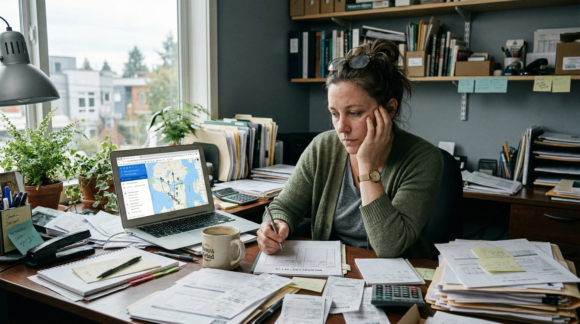 Overwhelmed business owner dealing with paperwork and laptop